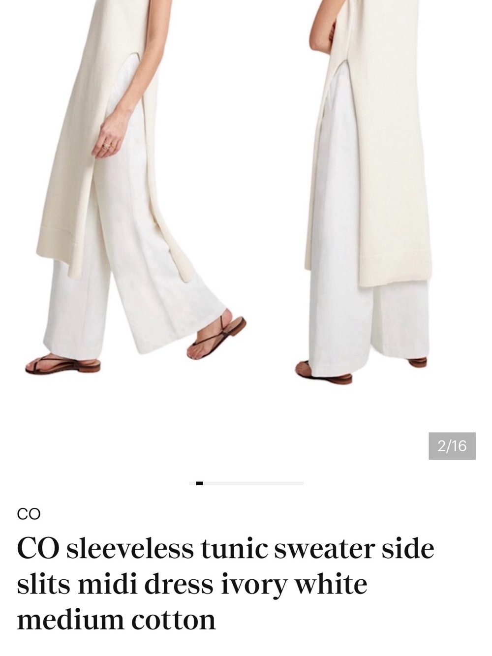 CO sleeveless tunic sweater side slits midi dress ivory white medium cotton
